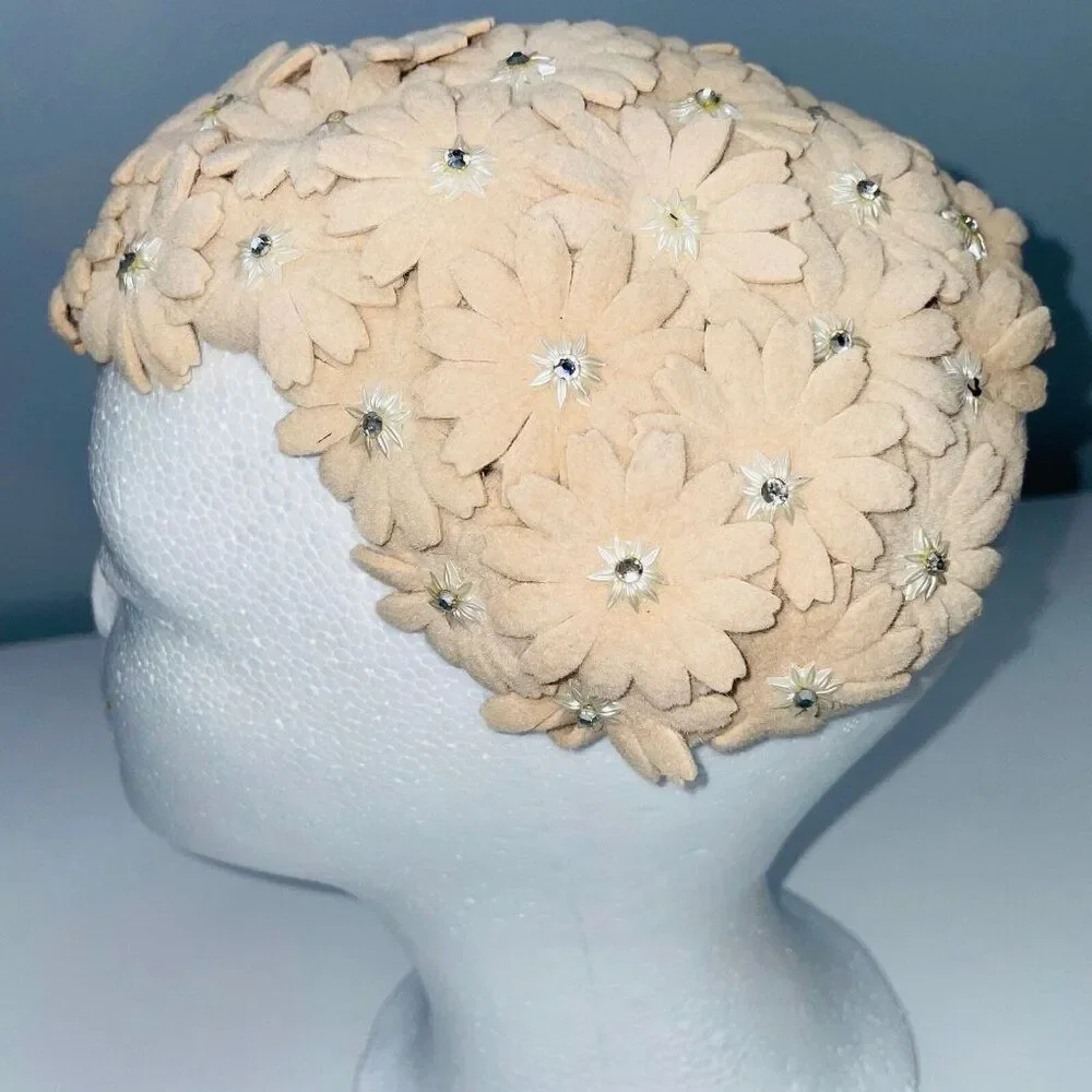 Vintage 50s Crown Beige Hat Floral Pearls Wedding Dance Costume Theatre